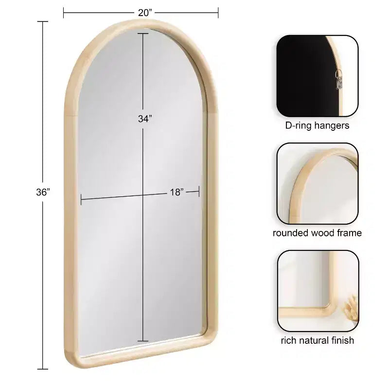 Specchio a Parete ad Arco con Cornice in Legno, 50,8 cm x 91,4 cm, Finitura Naturale