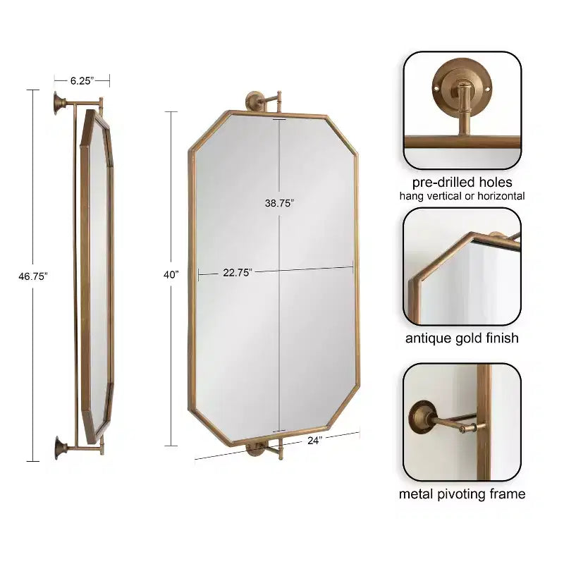 Specchio da parete Octagon Pivot con cornice in ferro, oro