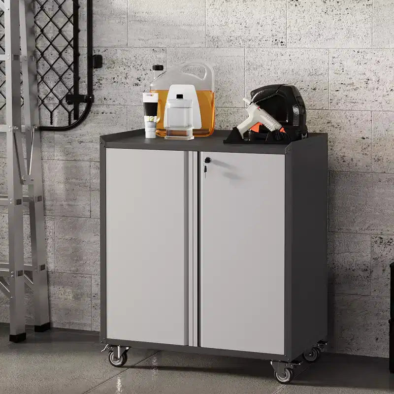 Garage Storage Cabinet with Wheels, 35.43 Locking Steel Rolling Tools Chest, Metal Storage Cabinet with 1 Shelves, Light Gray & Dark Gray