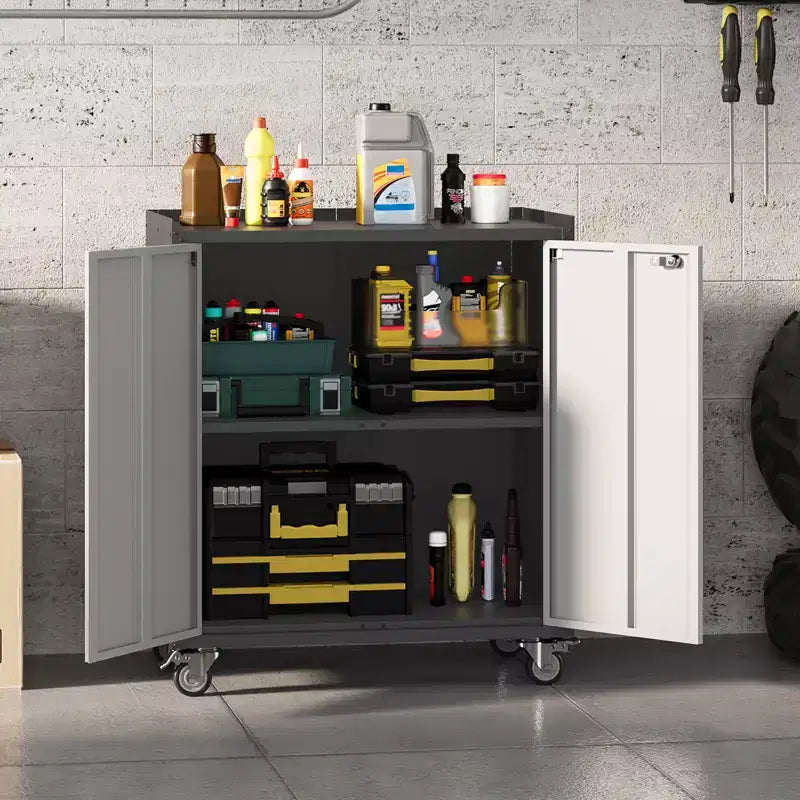Armadio Metallico con Rotelle e Ante con Serratura e Ripiano Regolabile, Grigio Chiaro e Grigio Scuro