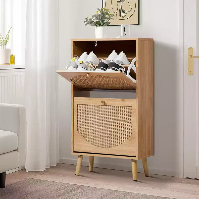 Scarpiera in rattan con 2 cassetti a ribalta