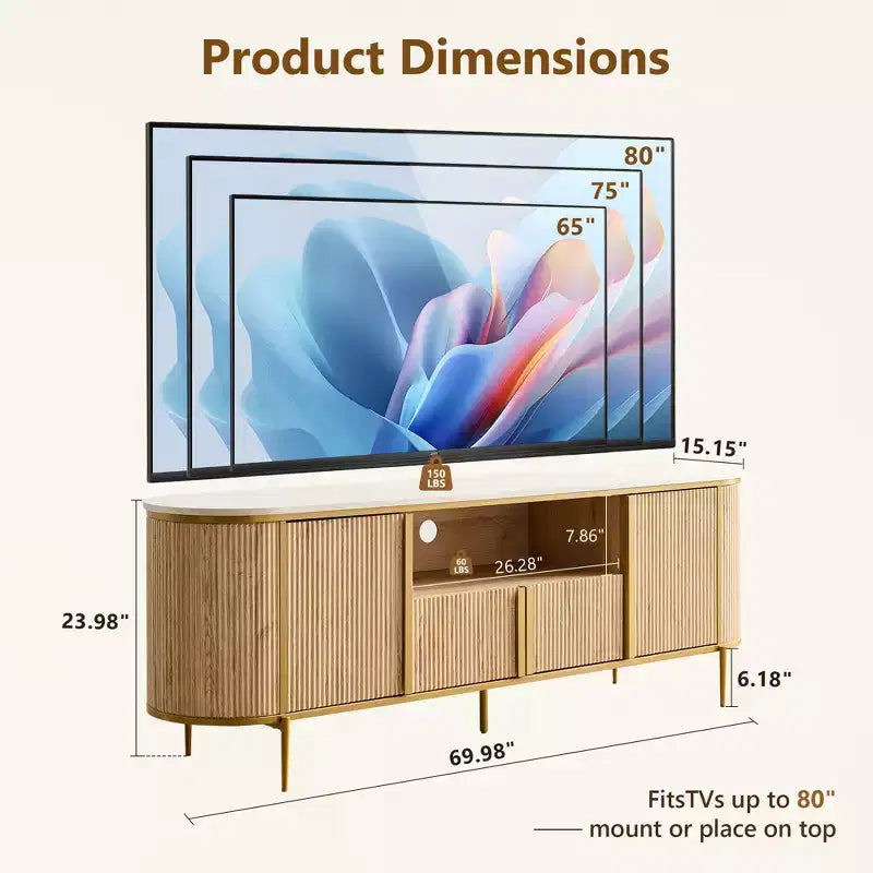 Mobile TV con scanalature da 70 pollici con piano in finto marmo e armadietti contenitori