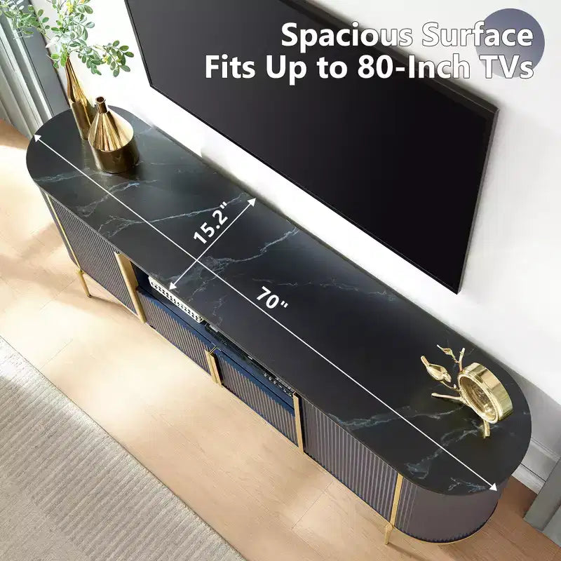 Mobile TV con scanalature da 70 pollici con piano in finto marmo e armadietti contenitori