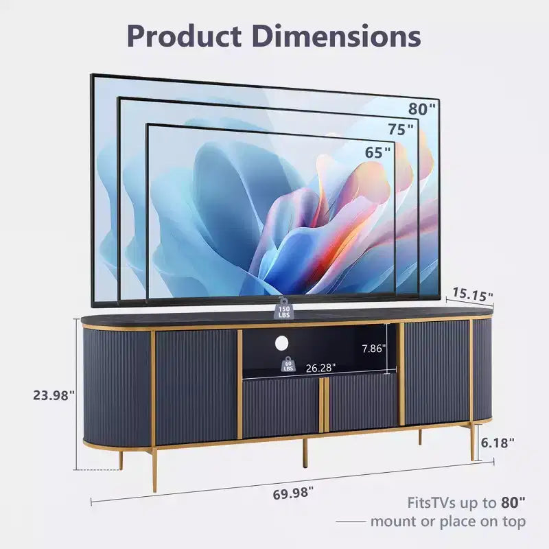 Mobile TV con scanalature da 70 pollici con piano in finto marmo e armadietti contenitori