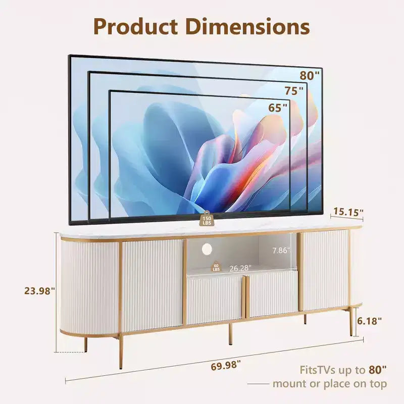 Mobile TV con scanalature da 70 pollici con piano in finto marmo e armadietti contenitori