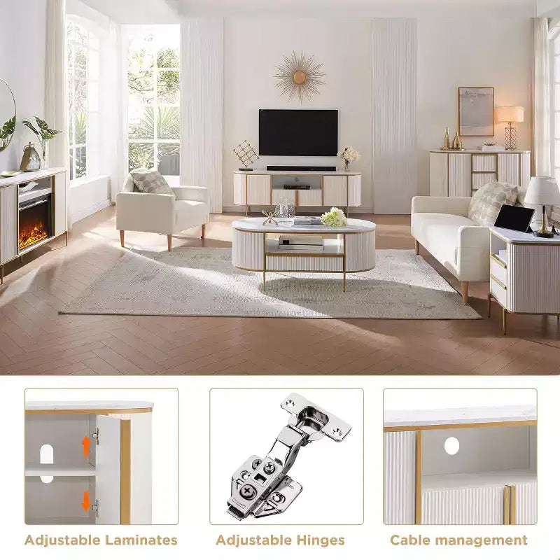 Mobile TV con scanalature da 70 pollici con piano in finto marmo e armadietti contenitori