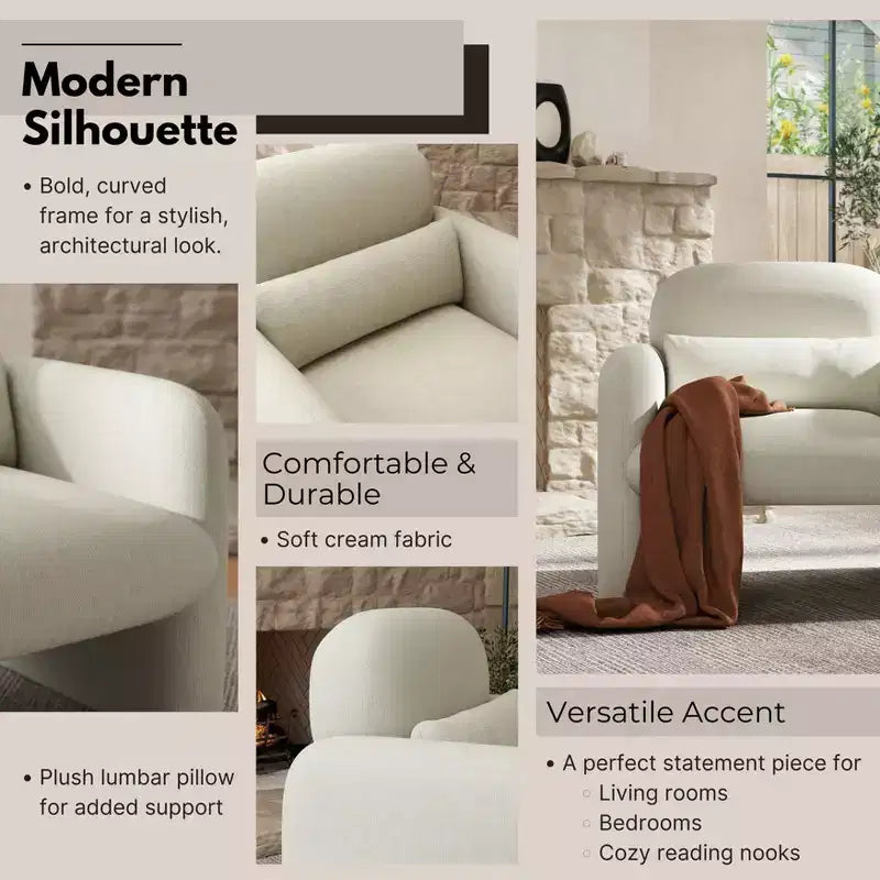 Poltrona a botte moderna imbottita, bianco crema