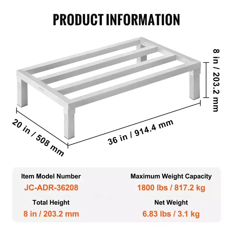Scaffale dunnage in alluminio 36 x 20 x 8 pollici, capacità 1800 libbre, scaffale per pavimenti saldato