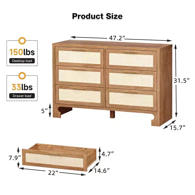 Comò a 6 cassetti con pannelli frontali in stile rattan