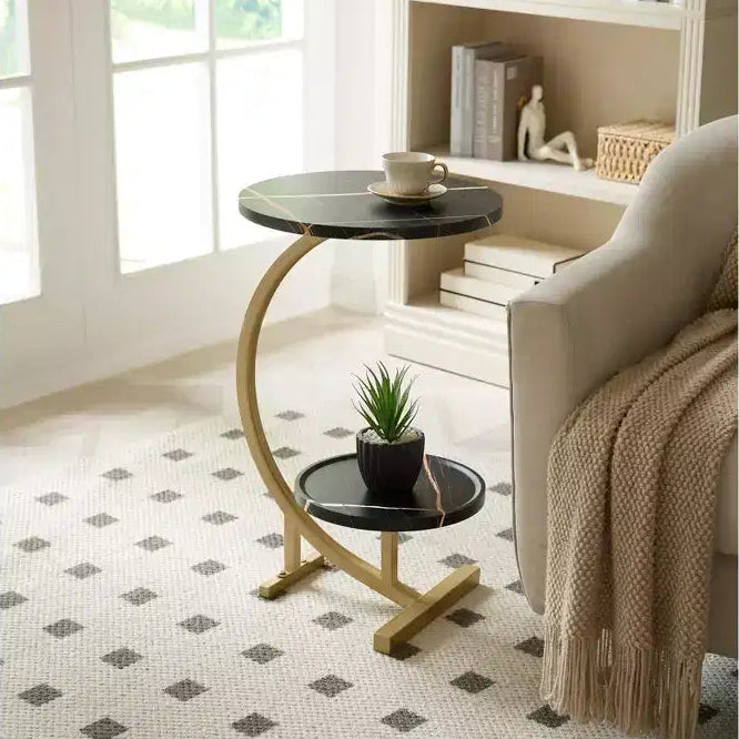 Kings Brand Furniture Modern Oval Side Table, Dual Shelf Faux Marble Accent Table, Small End Table for Living Room or Bedroom