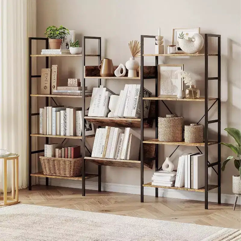 Libreria Industriale a Tre Campate a 4 Ripiani con Telaio in Metallo, 11 Ripiani Aperti