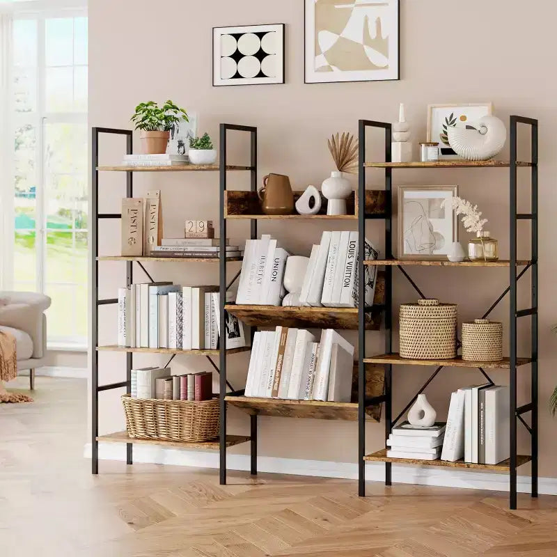 Libreria Industriale a Tre Campate a 4 Ripiani con Telaio in Metallo, 11 Ripiani Aperti