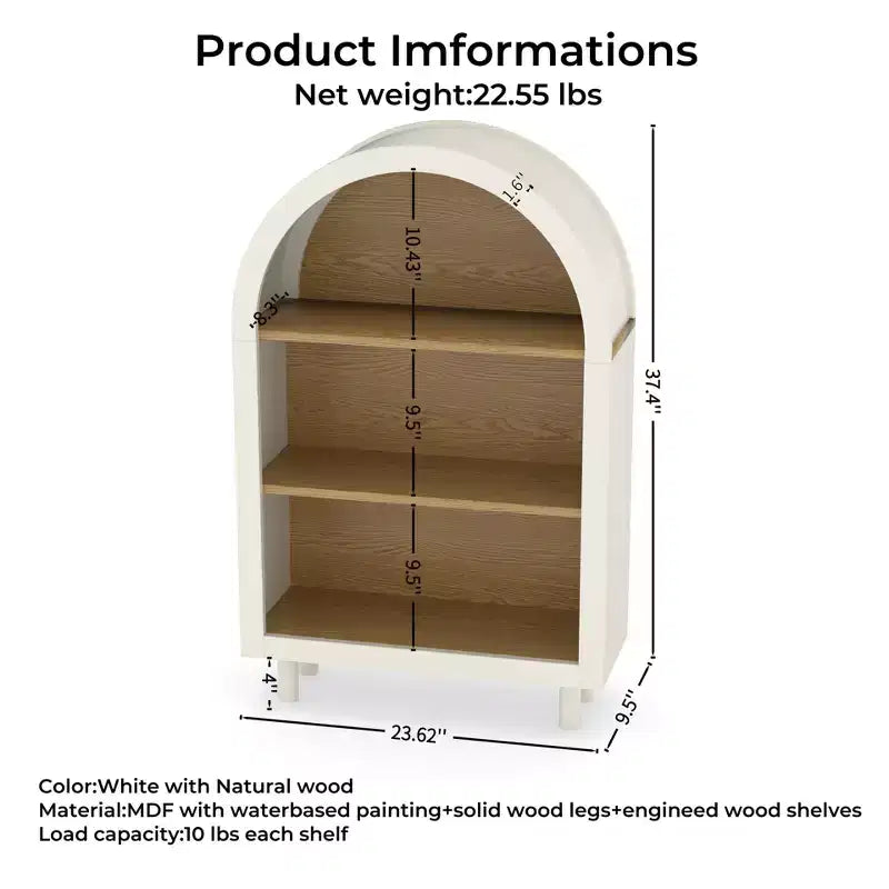 Libreria ad Arco a 3 Ripiani, 95 cm, Struttura Bianca con Ripiani Effetto Legno