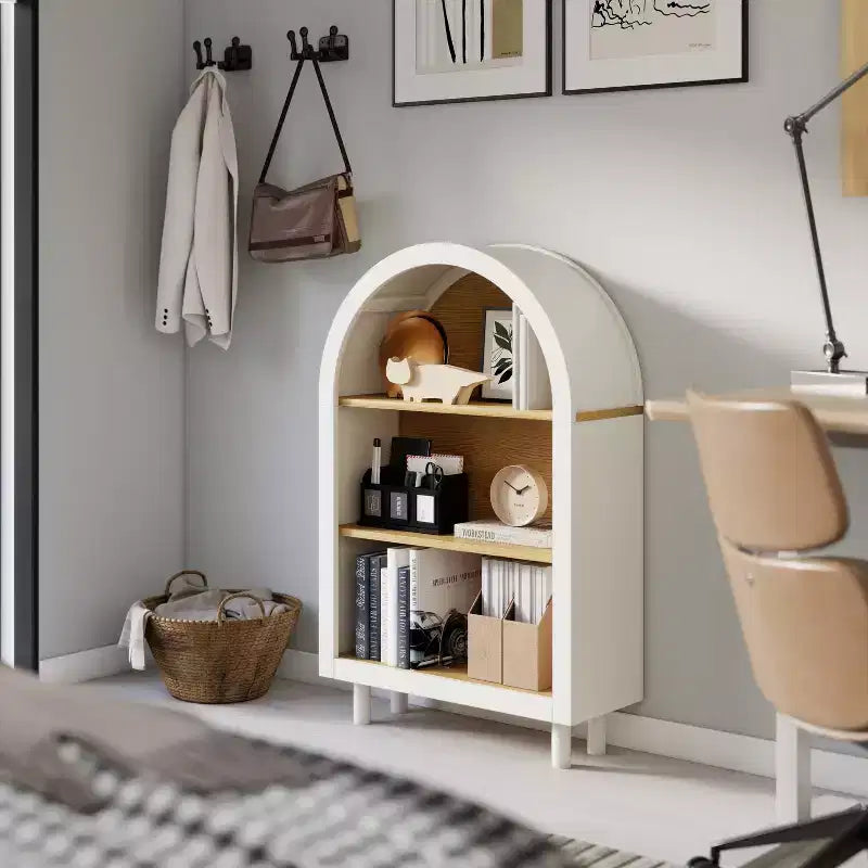Libreria ad Arco a 3 Ripiani, 95 cm, Struttura Bianca con Ripiani Effetto Legno