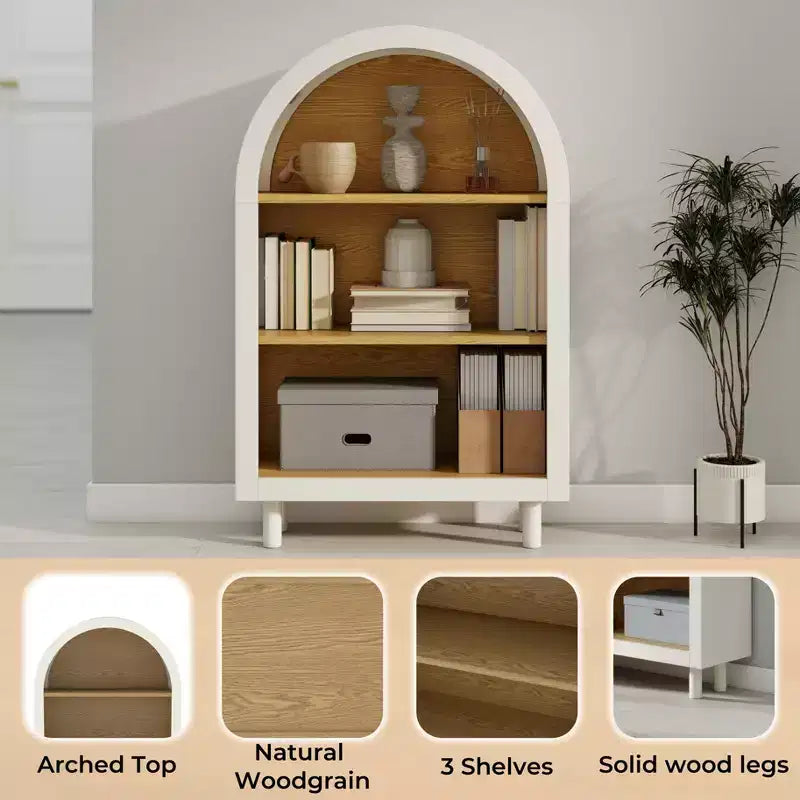 Libreria ad Arco a 3 Ripiani, 95 cm, Struttura Bianca con Ripiani Effetto Legno
