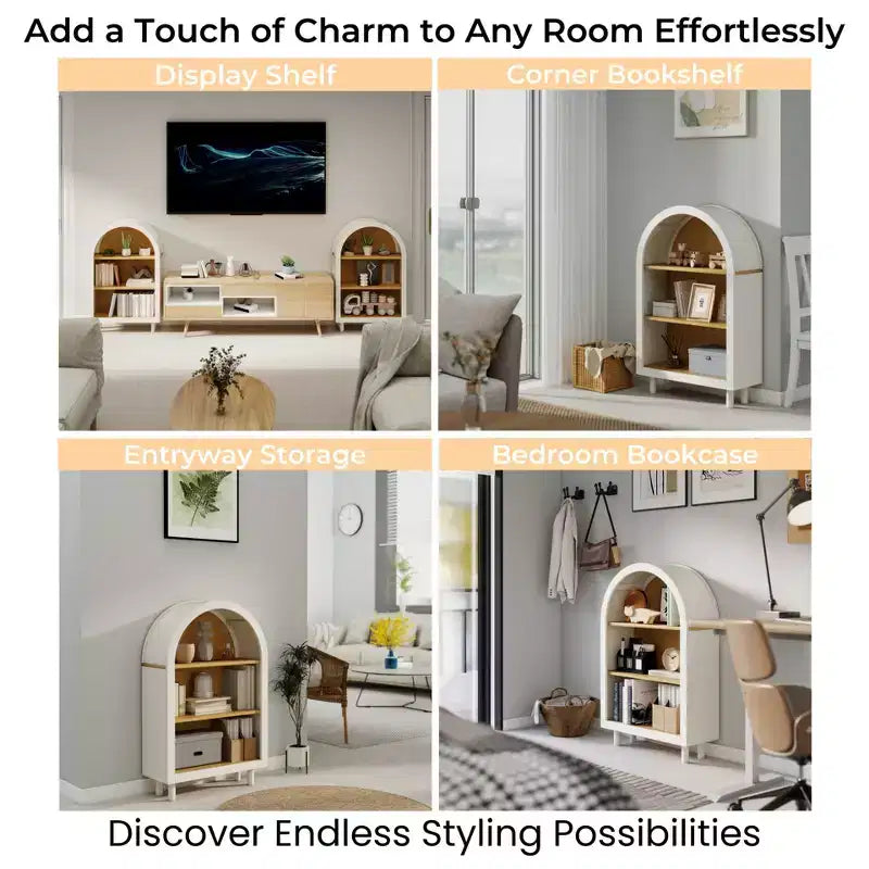Libreria ad Arco a 3 Ripiani, 95 cm, Struttura Bianca con Ripiani Effetto Legno