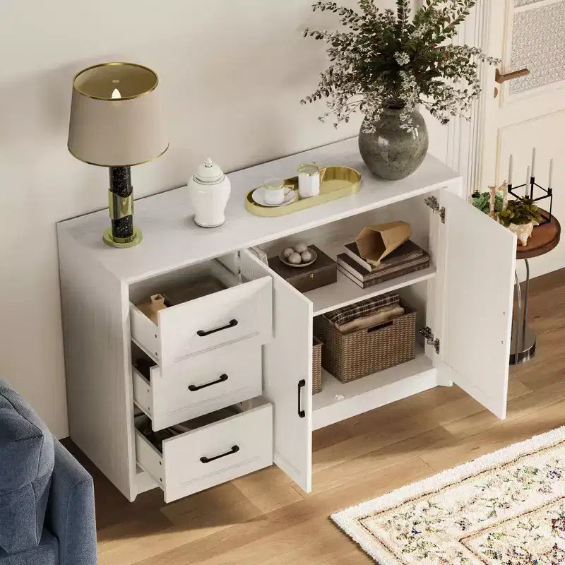 Credenza a Buffet Effetto Legno con Dispositivo Antiribaltamento – 3 Cassetti e 2 Ante