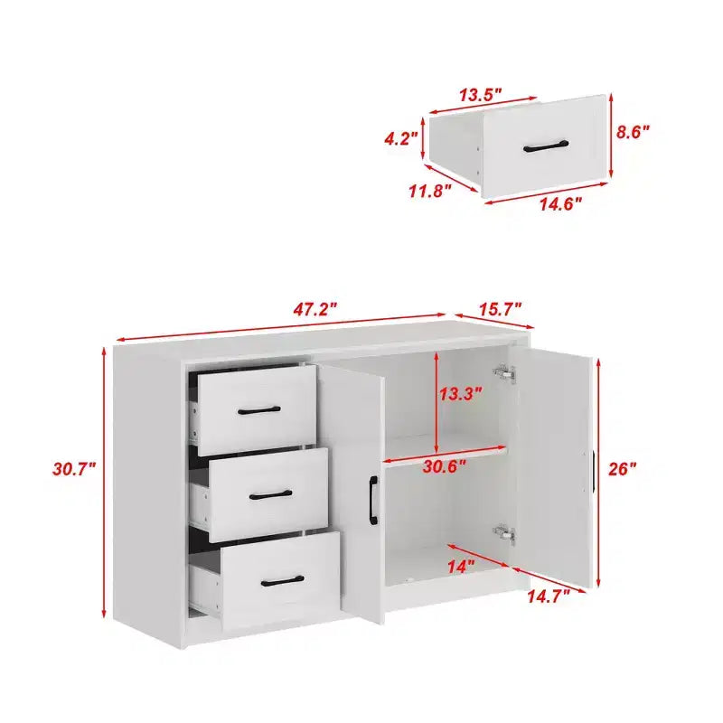 Credenza a Buffet Effetto Legno con Dispositivo Antiribaltamento – 3 Cassetti e 2 Ante