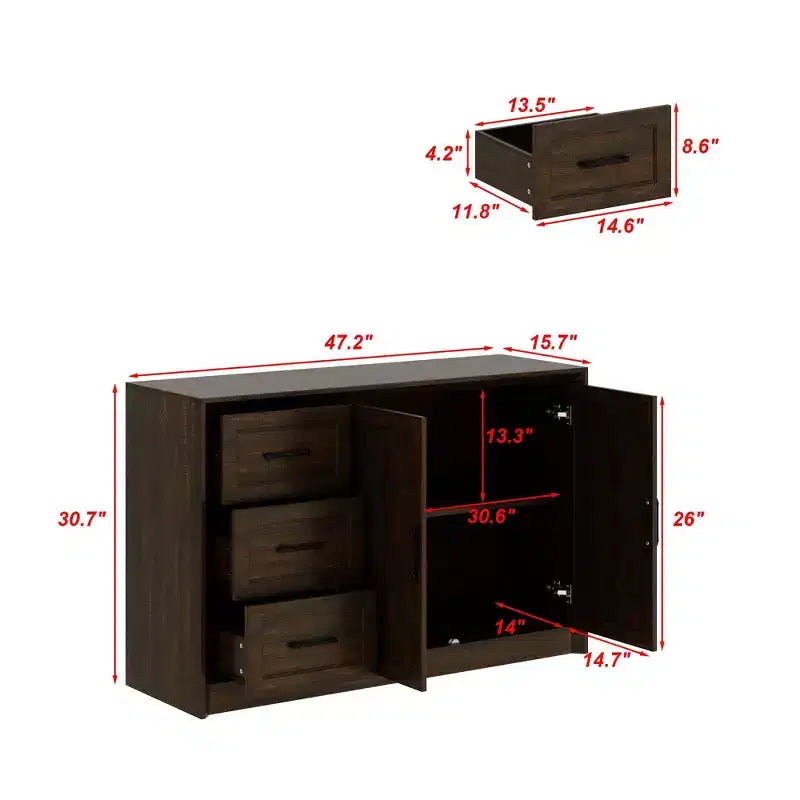 Credenza a Buffet Effetto Legno con Dispositivo Antiribaltamento – 3 Cassetti e 2 Ante