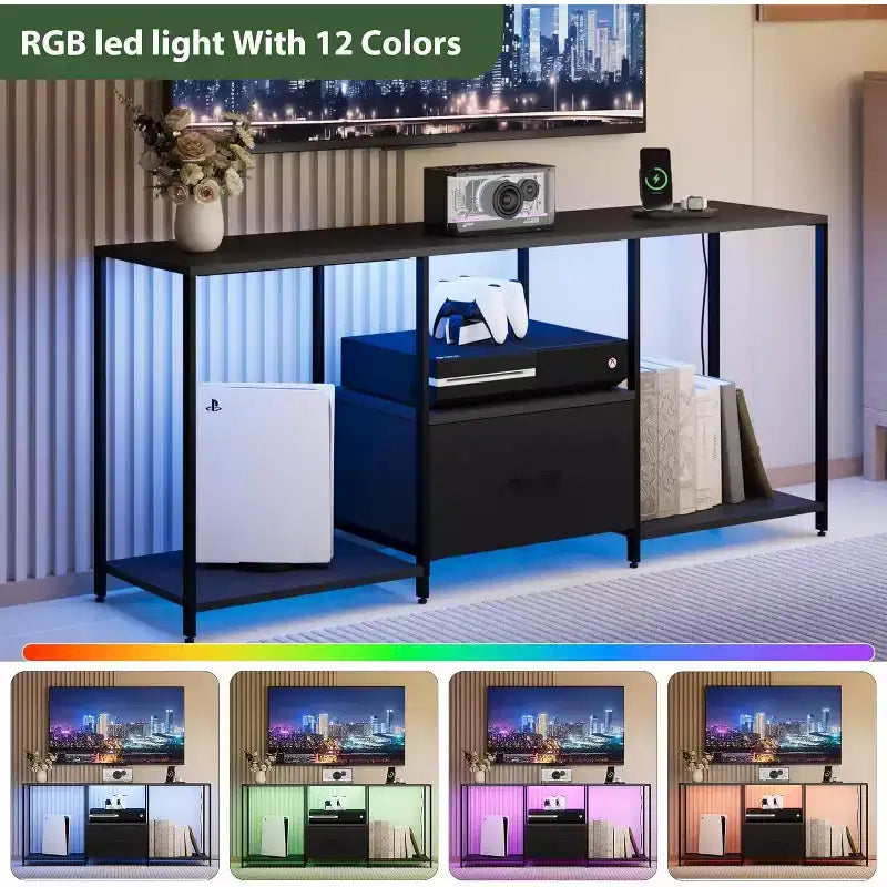 Mobile TV con luci a LED e ripiani aperti, adatto per TV fino a 55", nero