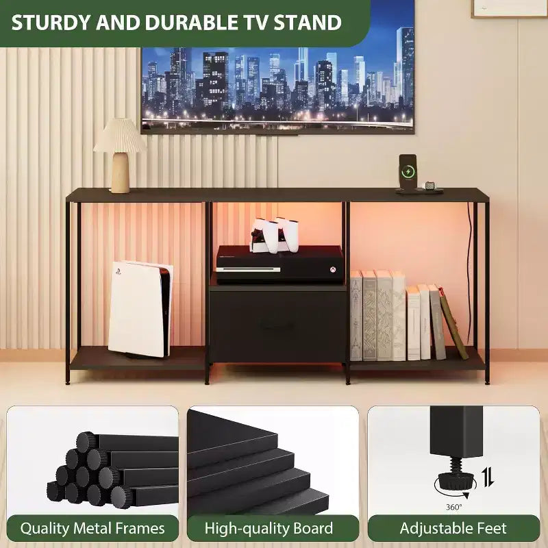 Mobile TV con luci a LED e ripiani aperti, adatto per TV fino a 55", nero