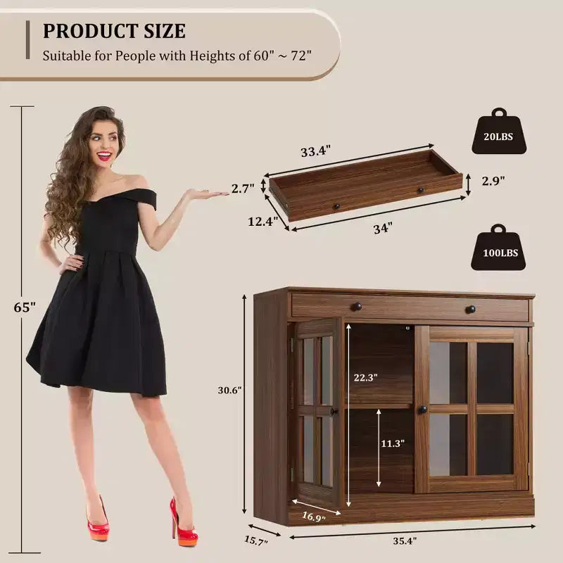 Credenza a Buffet con Ante in Vetro e Ripiani Contenitori