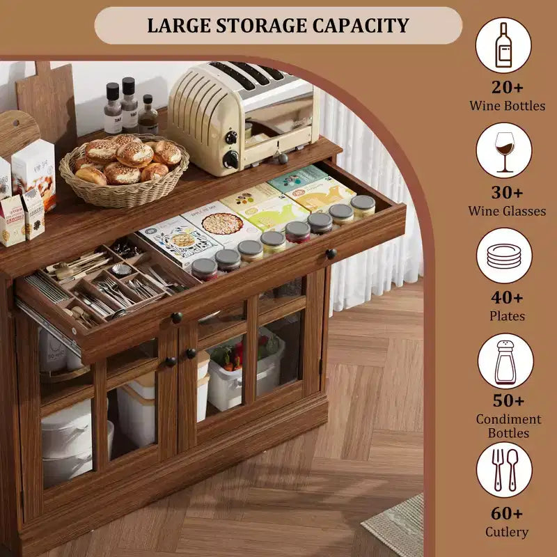 Credenza a Buffet con Ante in Vetro e Ripiani Contenitori