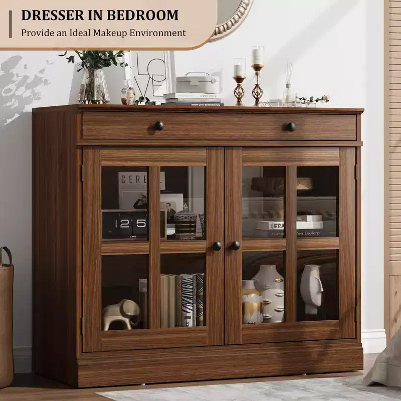 Credenza a Buffet con Ante in Vetro e Ripiani Contenitori