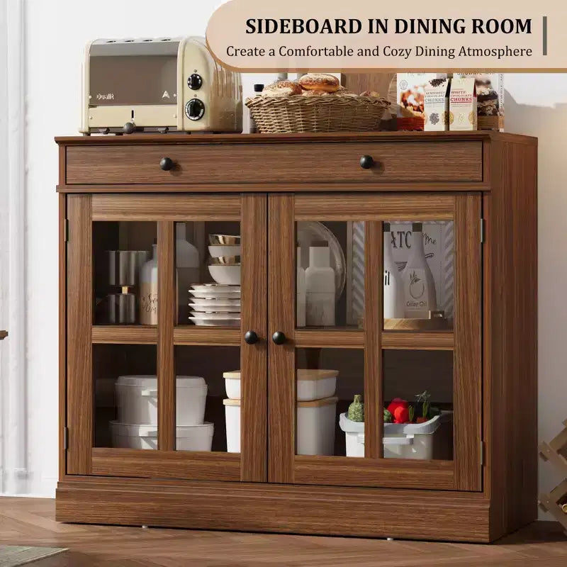 Credenza a Buffet con Ante in Vetro e Ripiani Contenitori