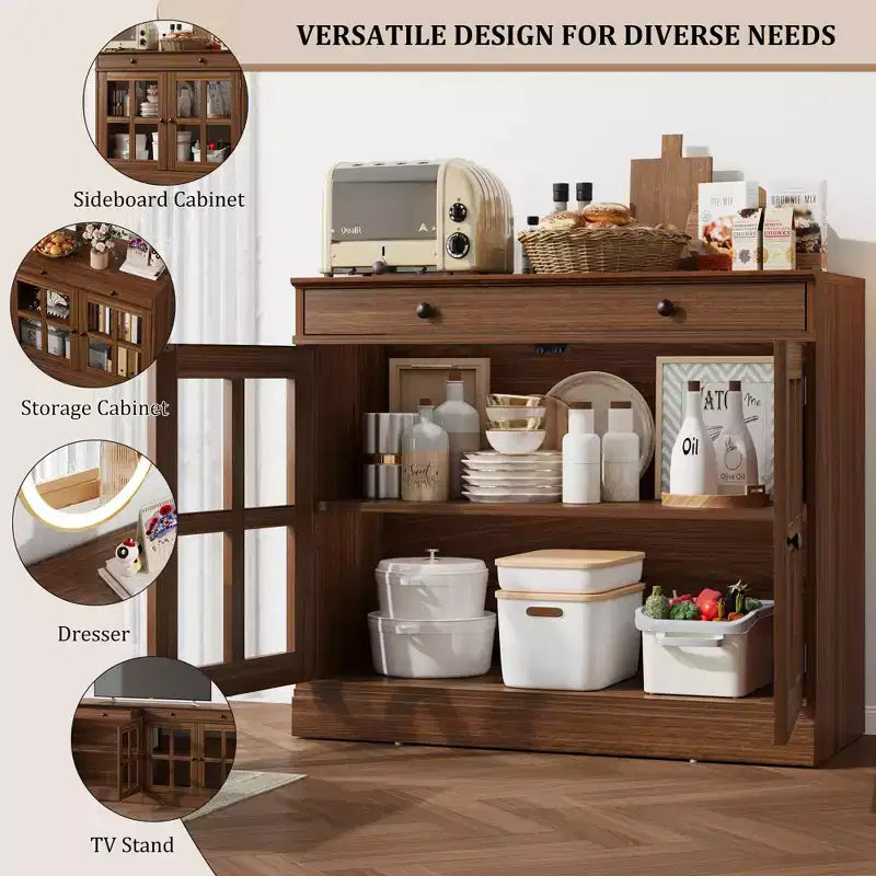 Credenza a Buffet con Ante in Vetro e Ripiani Contenitori