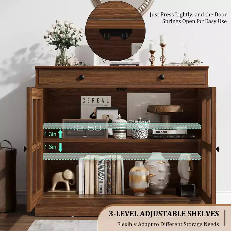 Credenza a Buffet con Ante in Vetro e Ripiani Contenitori