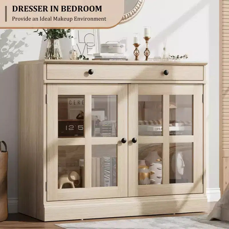 Credenza a Buffet con Ante in Vetro e Ripiani Contenitori