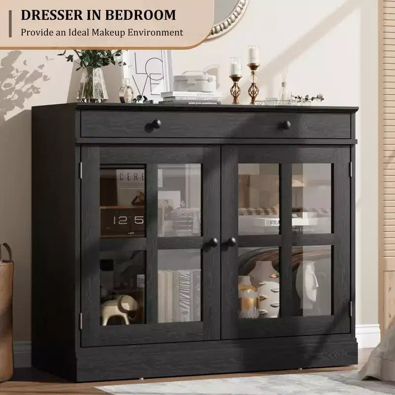 Credenza a Buffet con Ante in Vetro e Ripiani Contenitori