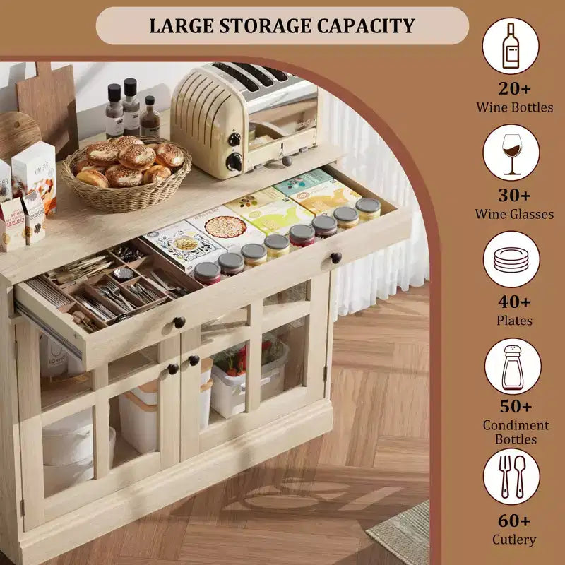 Credenza a Buffet con Ante in Vetro e Ripiani Contenitori