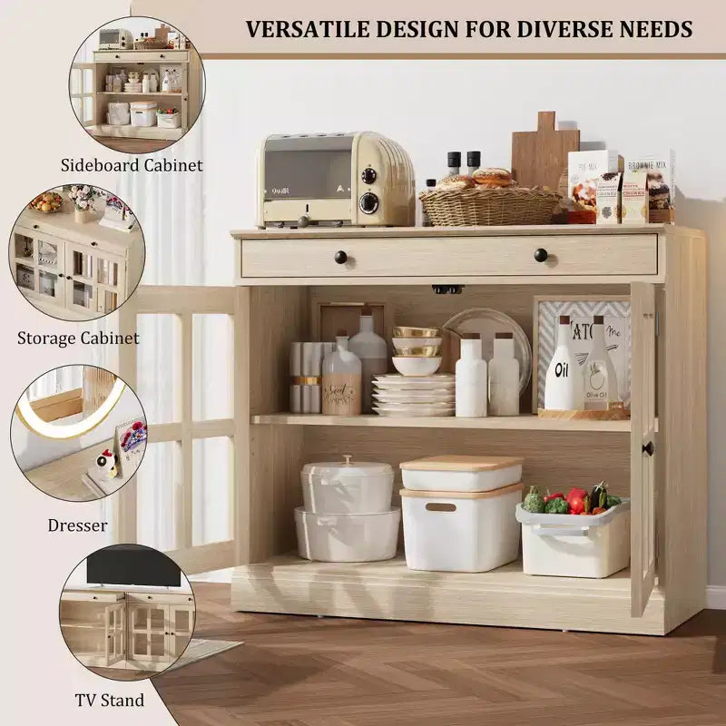 Credenza a Buffet con Ante in Vetro e Ripiani Contenitori