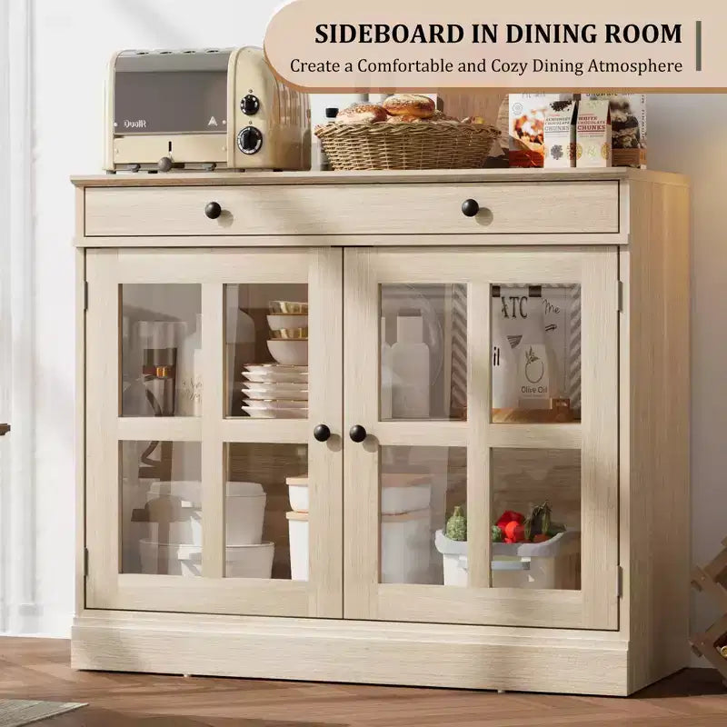 Credenza a Buffet con Ante in Vetro e Ripiani Contenitori