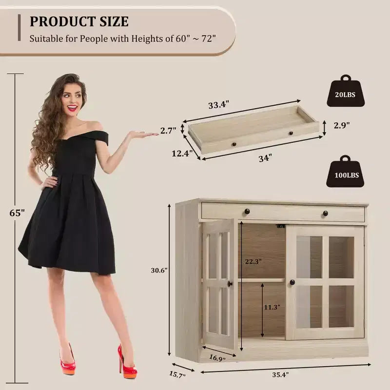 Credenza a Buffet con Ante in Vetro e Ripiani Contenitori