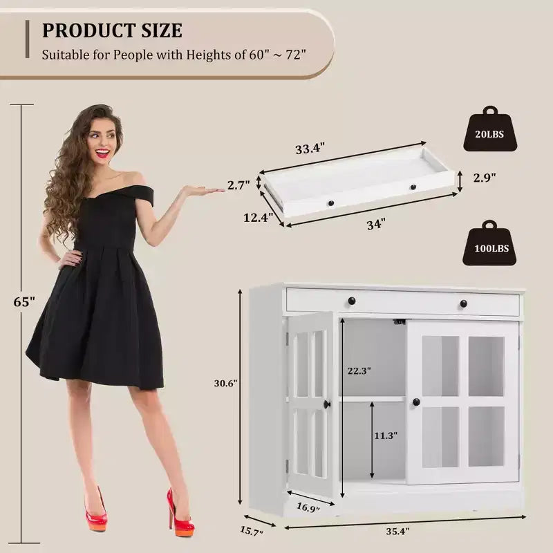 Credenza a Buffet con Ante in Vetro e Ripiani Contenitori