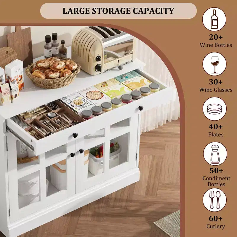 Credenza a Buffet con Ante in Vetro e Ripiani Contenitori
