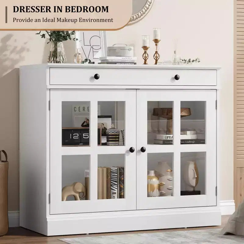 Credenza a Buffet con Ante in Vetro e Ripiani Contenitori