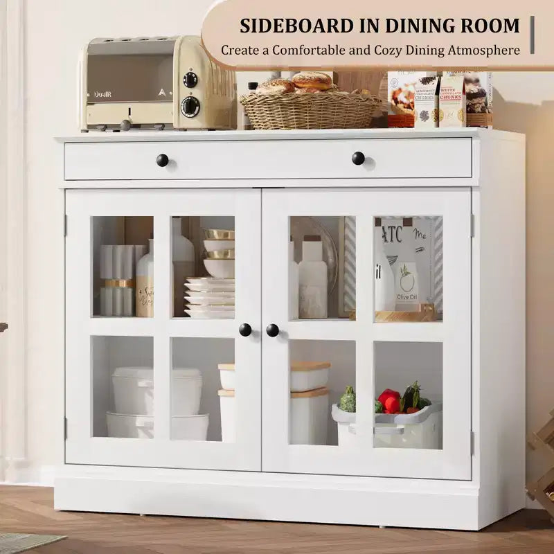 Credenza a Buffet con Ante in Vetro e Ripiani Contenitori