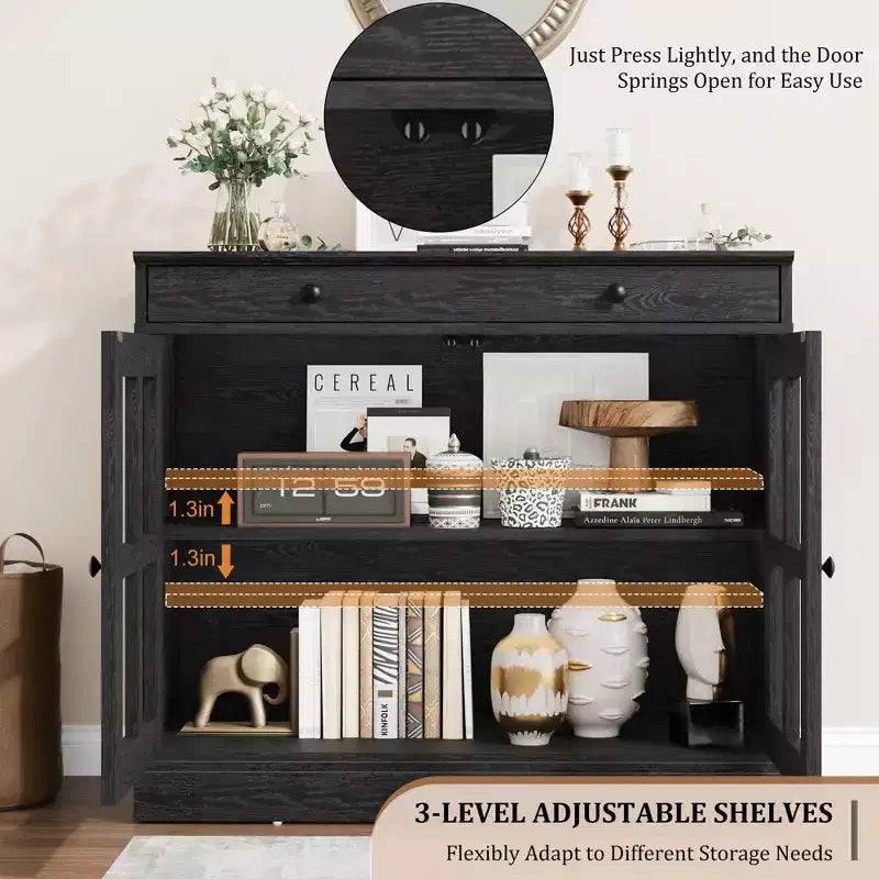 Credenza a Buffet con Ante in Vetro e Ripiani Contenitori