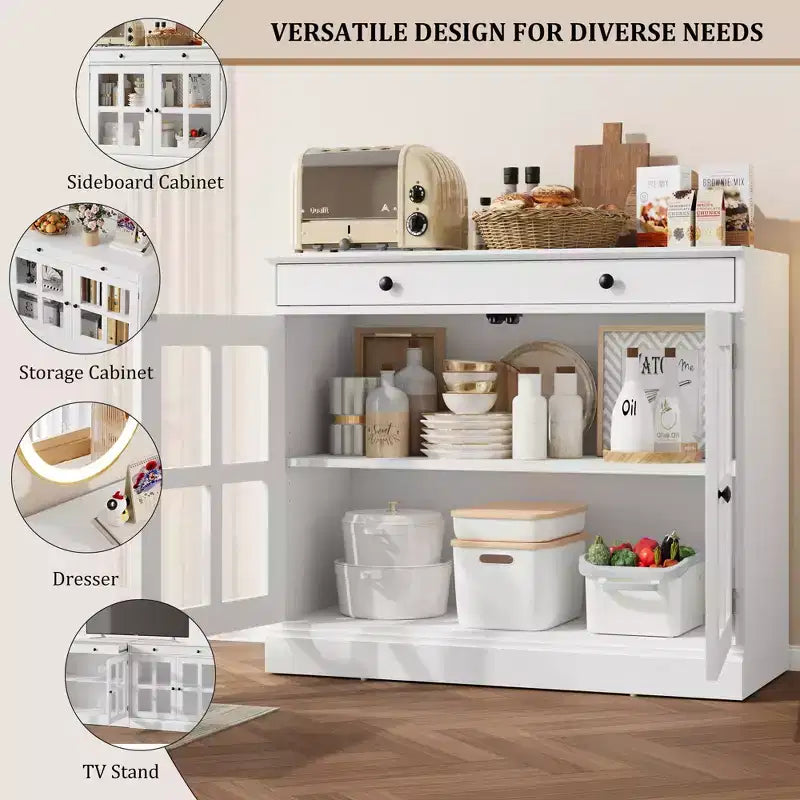 Credenza a Buffet con Ante in Vetro e Ripiani Contenitori