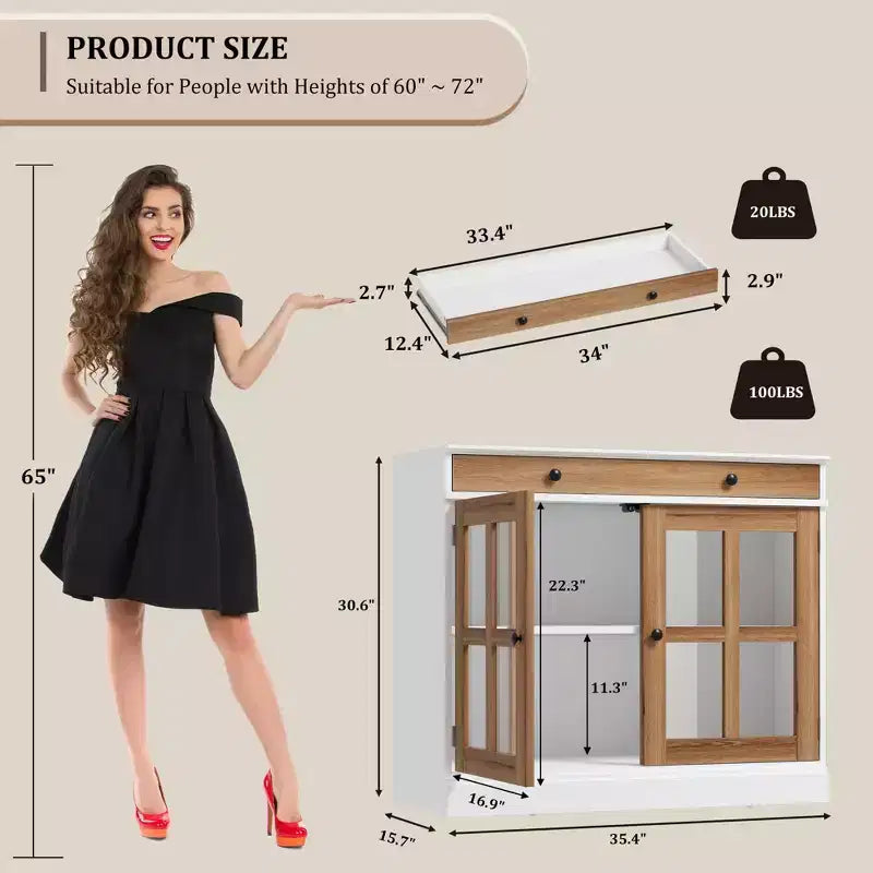 Credenza a Buffet con Ante in Vetro e Ripiani Contenitori
