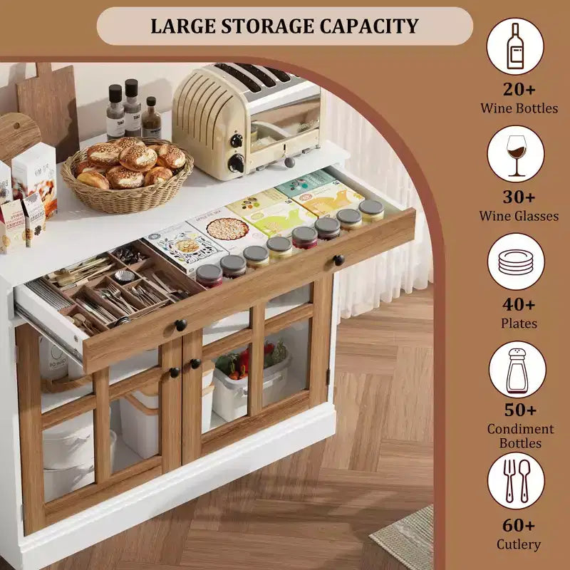 Credenza a Buffet con Ante in Vetro e Ripiani Contenitori