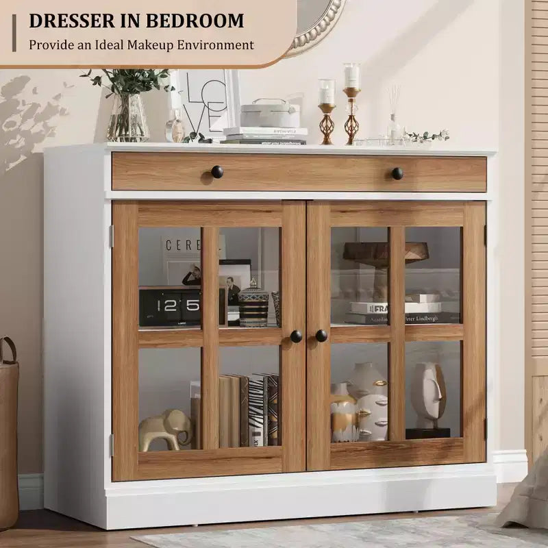 Credenza a Buffet con Ante in Vetro e Ripiani Contenitori