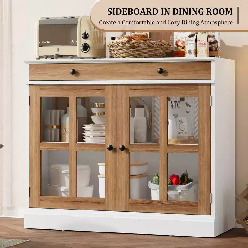 Credenza a Buffet con Ante in Vetro e Ripiani Contenitori
