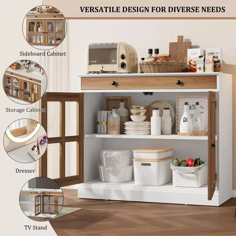 Credenza a Buffet con Ante in Vetro e Ripiani Contenitori