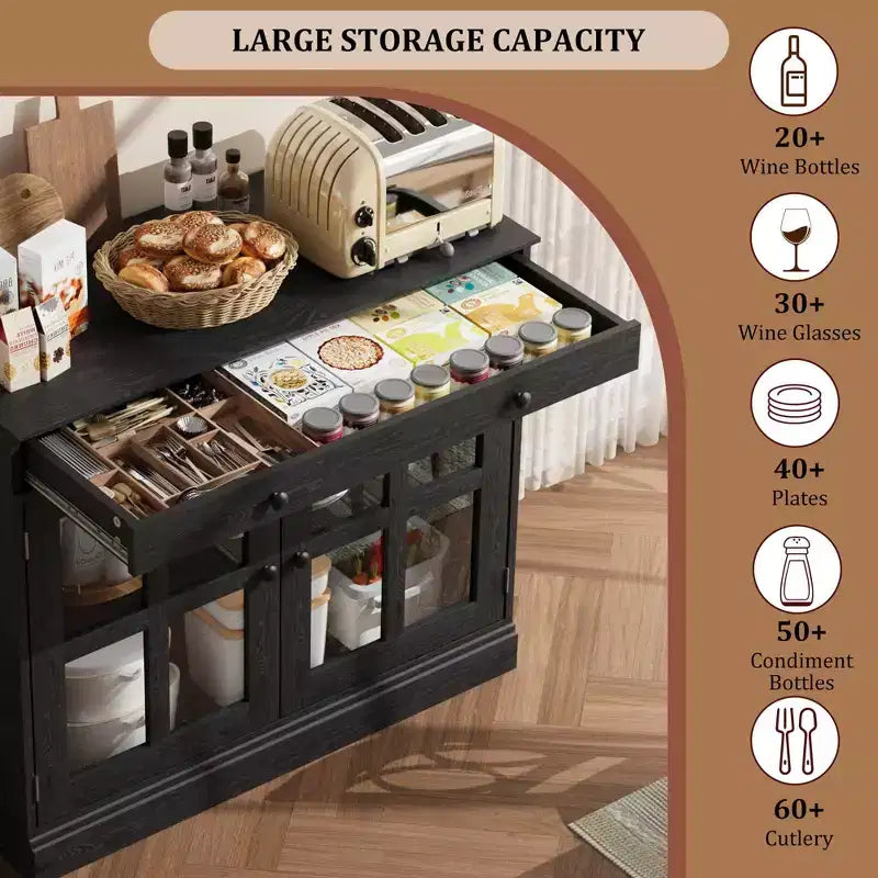 Credenza a Buffet con Ante in Vetro e Ripiani Contenitori
