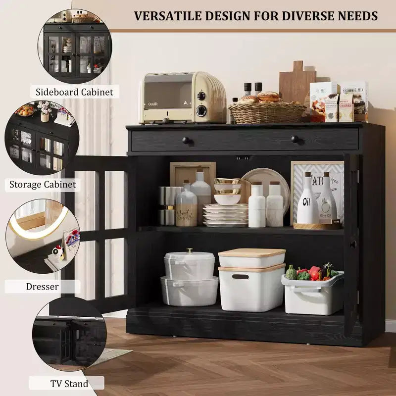 Credenza a Buffet con Ante in Vetro e Ripiani Contenitori